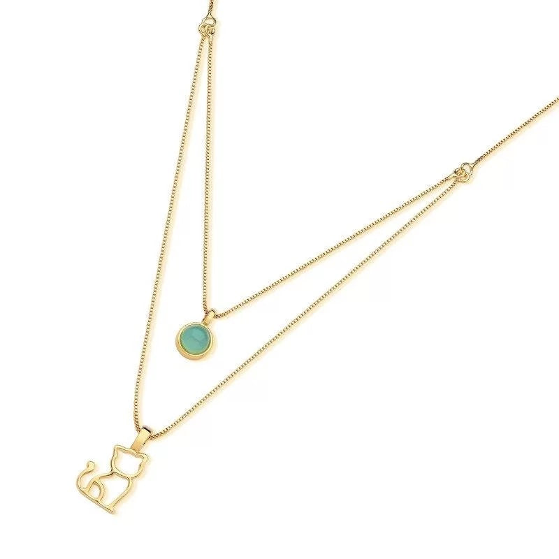 gold plated necklace with cat pendent and rose quartz gemstone - Belo Jewelry